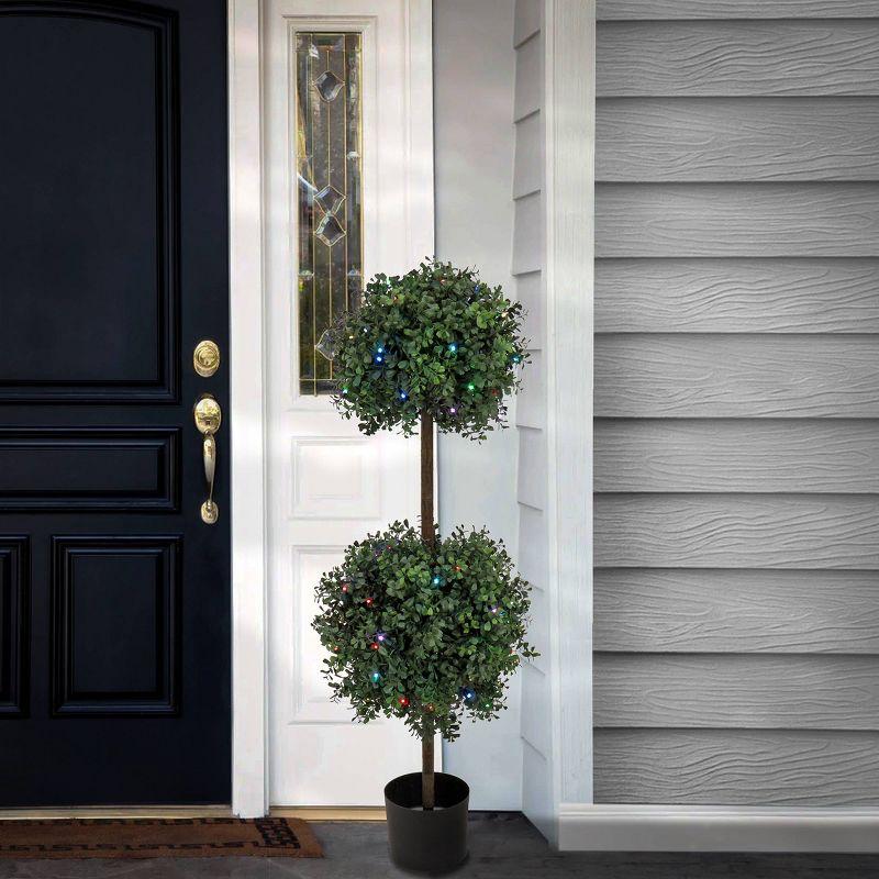 Elegant 46" Multicolor LED Boxwood Double Ball Topiary in Matte Black Pot