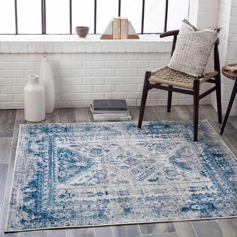 Blue and White Square Stain-Resistant Synthetic Rug