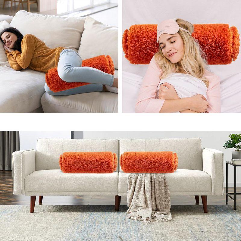 Rust Orange Shaggy Long Hair Bolster Pillows Set