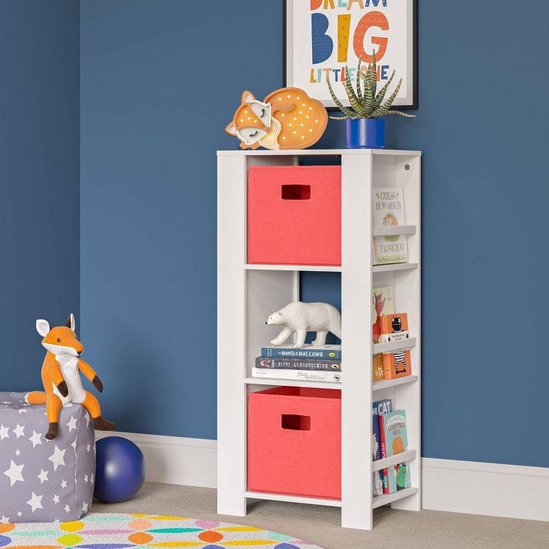 RiverRidge Home RiverRidge Book Nook Kids Bookshelf and Toy Organizer Tower with 3 Cubbies and 6 Bookracks for Playroom, Nursery, and Reading Nook - White with 2 Fabric Bins