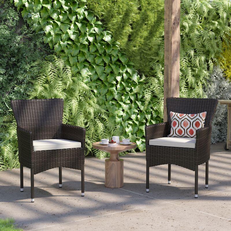 Espresso Brown Wicker Patio Dining Chairs with Cream Cushions, Set of 2