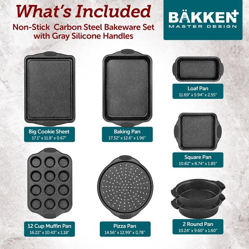 BAKKEN 8-Piece Kitchen Oven Baking Pans Set - Deluxe Nonstick Gray Marble Coating, Professional Grade Carbon Steel Bakeware with Silicone Handles