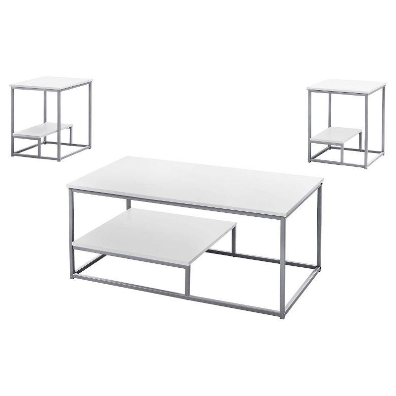 Monarch Specialties Table Set 3Pcs Set Coffee End Side Accent Living Room Metal Laminate White Grey Contemporary Modern