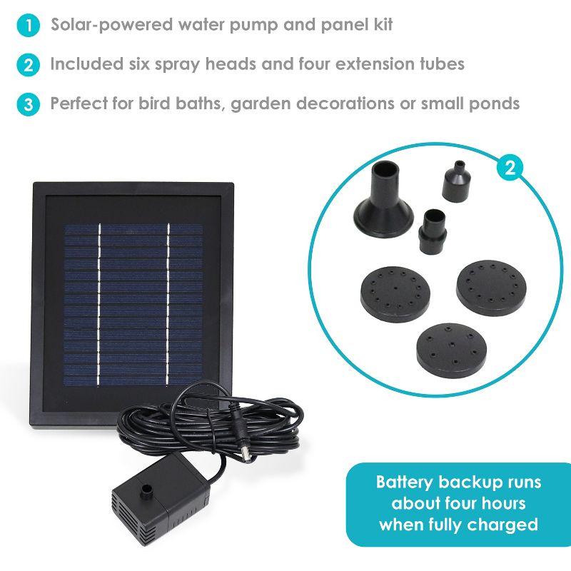 Sunnydaze Outdoor Solar Powered Water Pump and Panel Bird Bath Fountain Kit with Battery Pack and LED Lights - 65 GPH - 47"