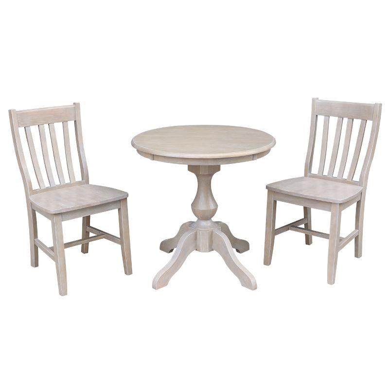 Elegant 30" Round Pedestal Dining Table Set with 2 Cafe Chairs in Washed Gray Taupe