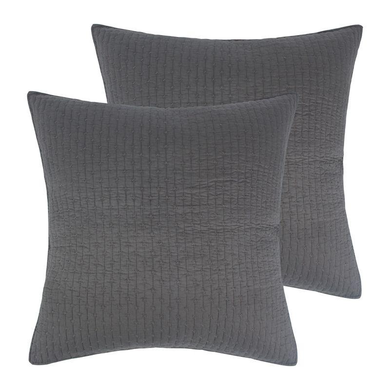 Charcoal Grey Cotton Euro Sham Set with Simple Cross Stitch - 26x26