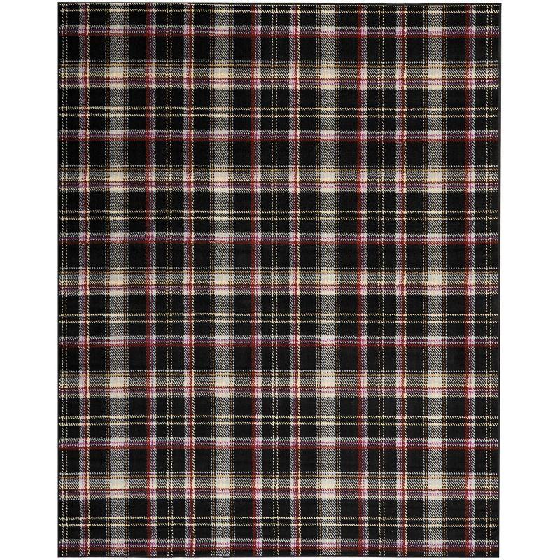 Hand-Knotted Black Plaid 8' x 10' Synthetic Area Rug