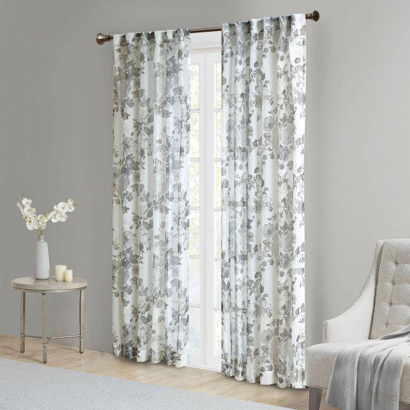 White Floral Sheer Rod Pocket Back Tab Curtain Panel