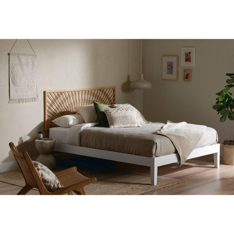 Queen White and Natural Wood Bed with Rattan Headboard