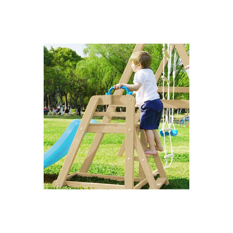 Natural Wood Swing Set with Blue Slide and Climbing Rope