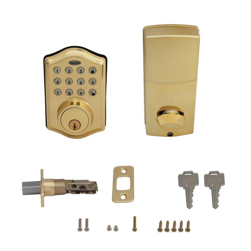 Honeywell Electronic Deadbolt- Polished Brass: Single Cylinder Door Lock, Steel & Plastic, Electric, Gold Finish