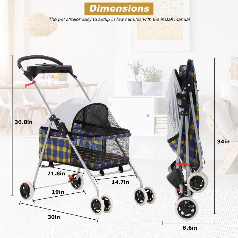 Yellow Plaid 4-Wheel Folding Dog Stroller with Mesh Windows