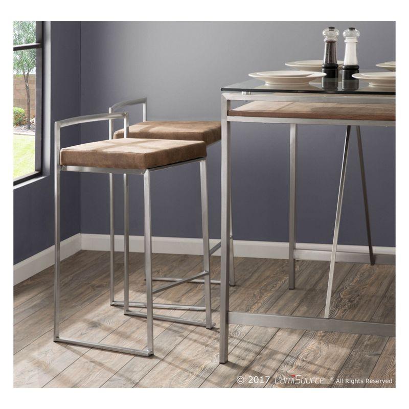 LumiSource Set of 2 26" Fuji Contemporary Stackable Counter Height Barstool Stainless Steel with Brown Cowboy Fabric Cushion: Upholstered