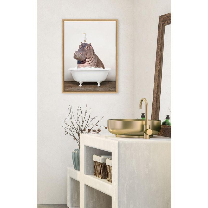 Kate and Laurel Sylvie Hippo and Bird in Rustic Bath Framed Canvas by Amy Peterson Art Studio, 18x24, Natural