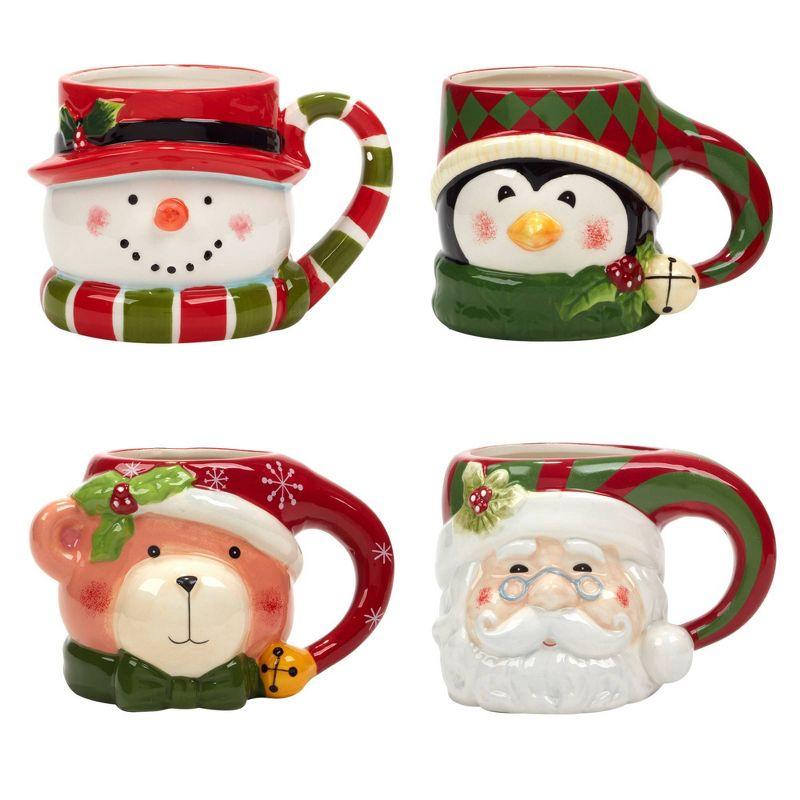 Set of 4 Festive Christmas Ceramic Mugs with 3D Characters