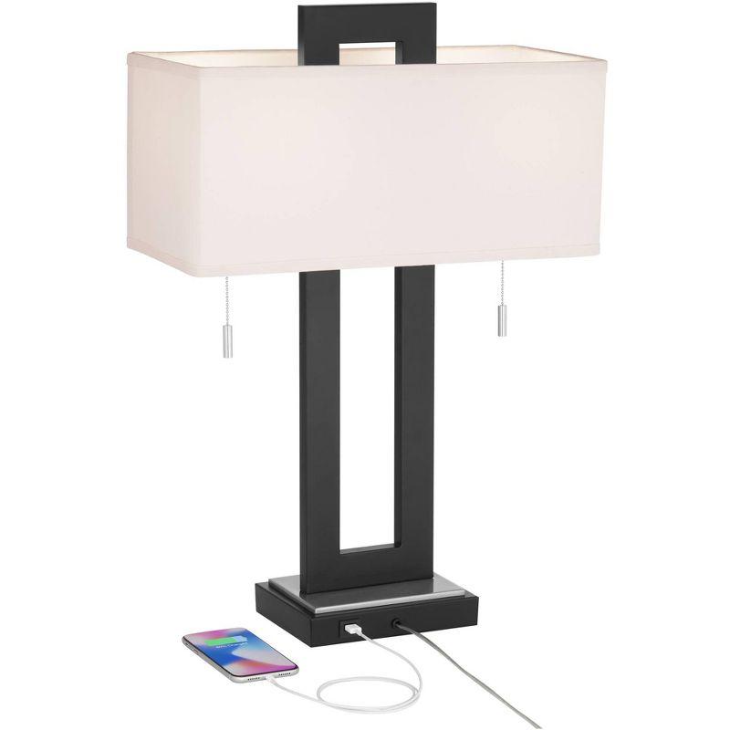 360 Lighting Neil Modern Rustic Table Lamp 26" High Black Metal with USB Charging Port White Rectangular Shade for Bedroom Living Room Bedside Desk