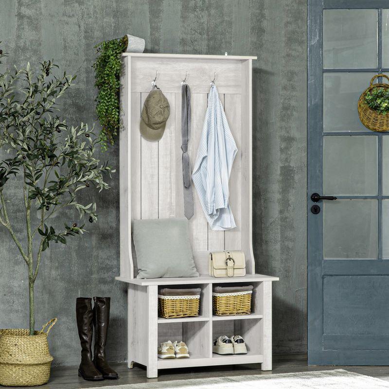 White Wood Hall Tree with Shoe Storage Bench and Coat Rack