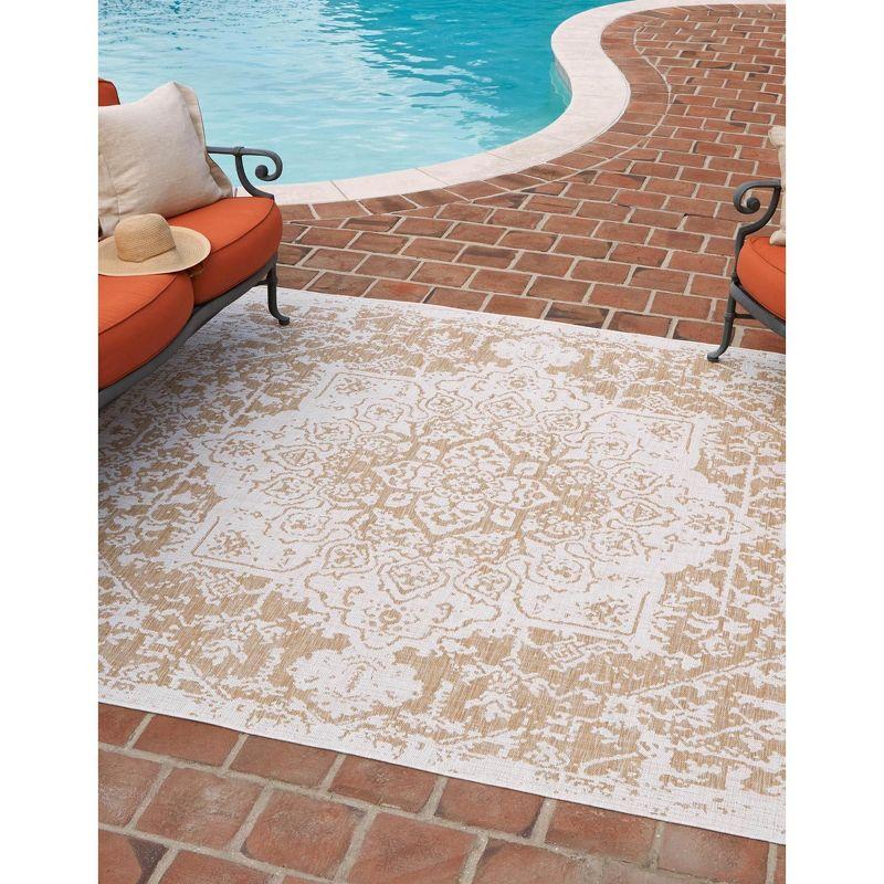 Beige and Brown Square Outdoor Flat Woven Rug