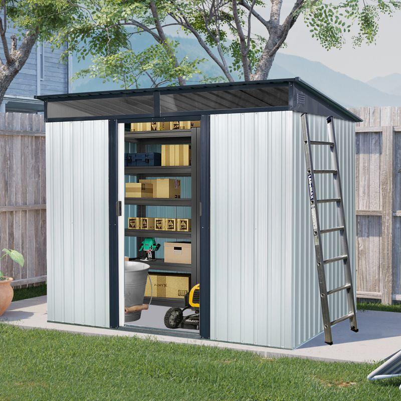 93.75"8ft x 6ft Outdoor Metal Storage with Lockable Sliding Doors and Transparent plate for Garden, Lawn (White and Black)