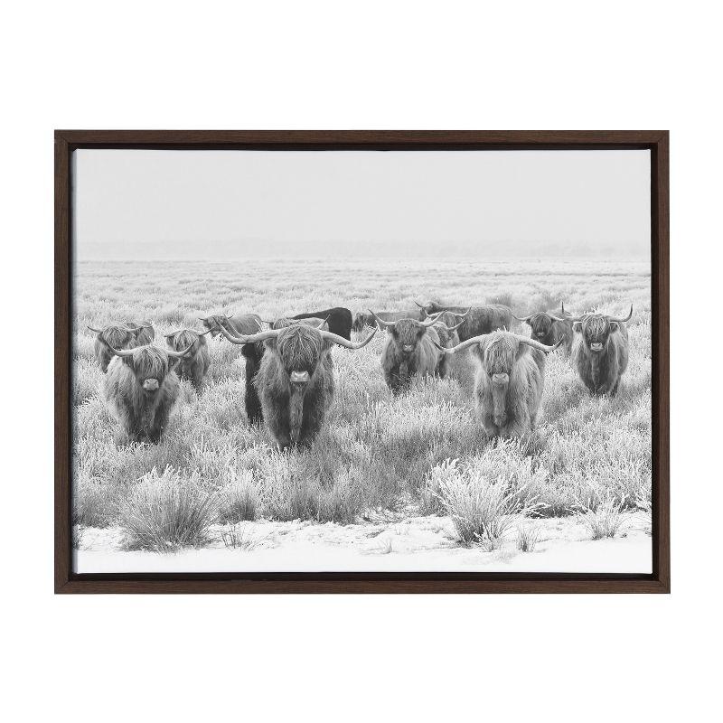 Kate and Laurel Sylvie Herd of Highland Cows Black and White Framed Canvas by The Creative Bunch Studio