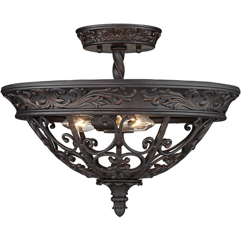 Franklin Iron Works French Scroll Rustic Farmhouse Ceiling Light Semi Flush Mount Fixture 16 1/2" Wide Rubbed Bronze 3-Light for Bedroom Kitchen House