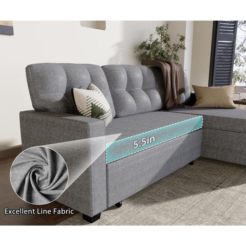 TIRAMISUBEST Reversible Sectional Sofa Couch with Sleeper Bed and Chaise Storage¨CLight Grey Linen Fabric, Pull-Out Couch for Living Room