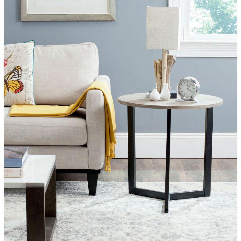 Leonard Round Oak and Black Metal End Table