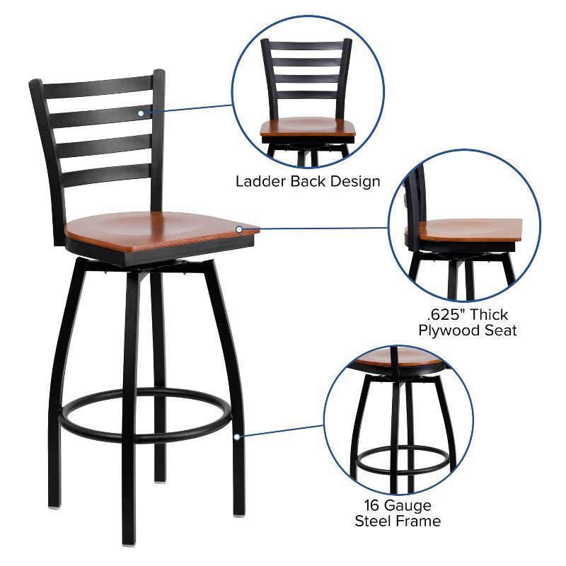 Cherry Wood and Black Metal Swivel Barstool with Ladder Back