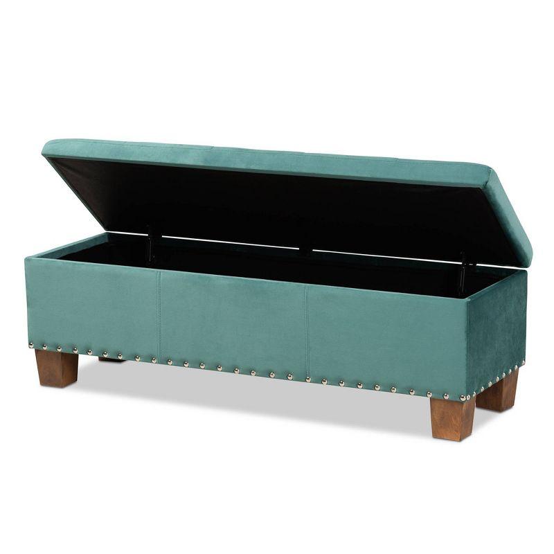 Teal Velvet Tufted Storage Bench with Walnut Legs