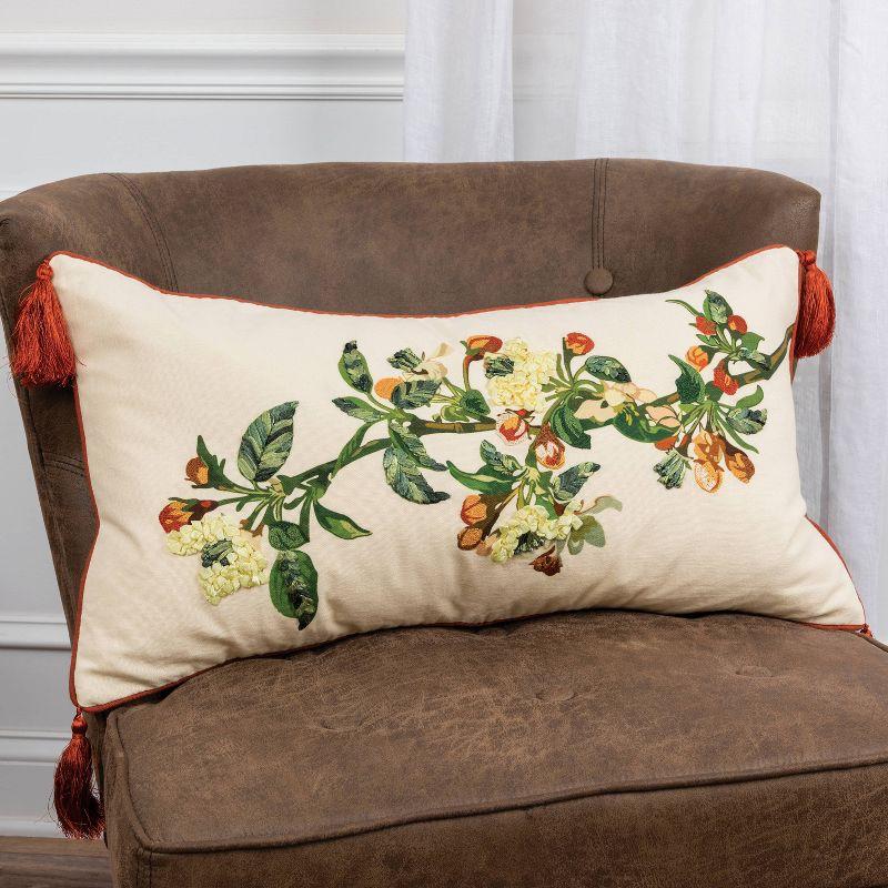 Botanical Embroidered Cotton Lumbar Pillow Cover 14"x26"