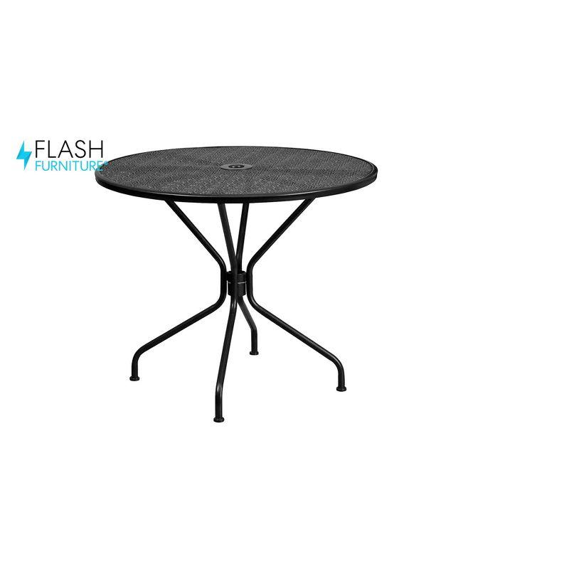 Flash Furniture Oia Commercial Grade 35.25" Round Black Indoor-Outdoor Steel Patio Table with Umbrella Hole