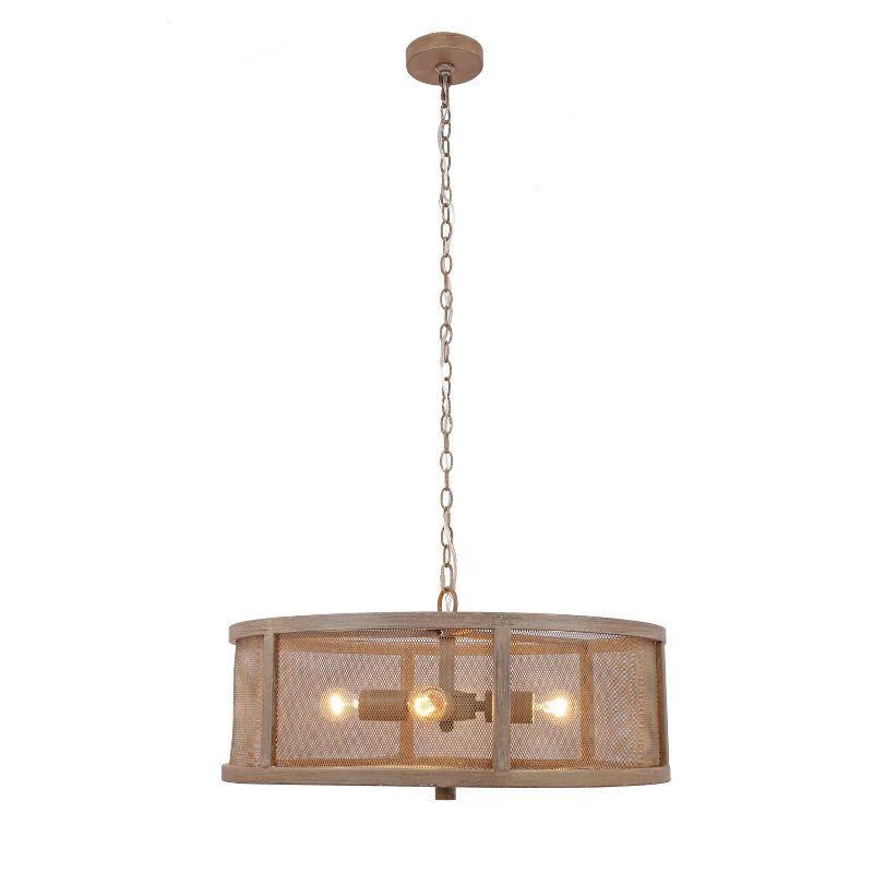 Rustic Farmhouse Woodgrain Metal Drum Chandelier with Mesh Sides