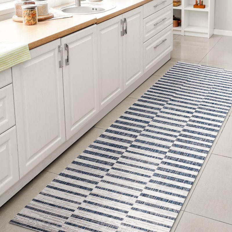 2'x8' Sukie Modern Offset Stripe Indoor/Outdoor Runner Rug, Ivory/Blue - JONATHAN Y