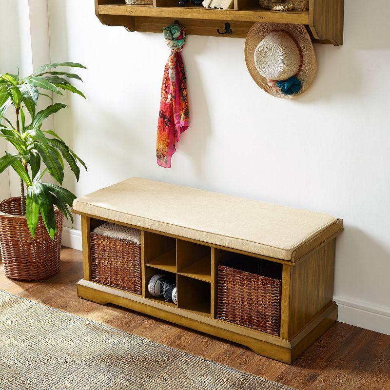 Brennan Natural Wood Entryway Bench with Upholstered Cushion and Storage Baskets