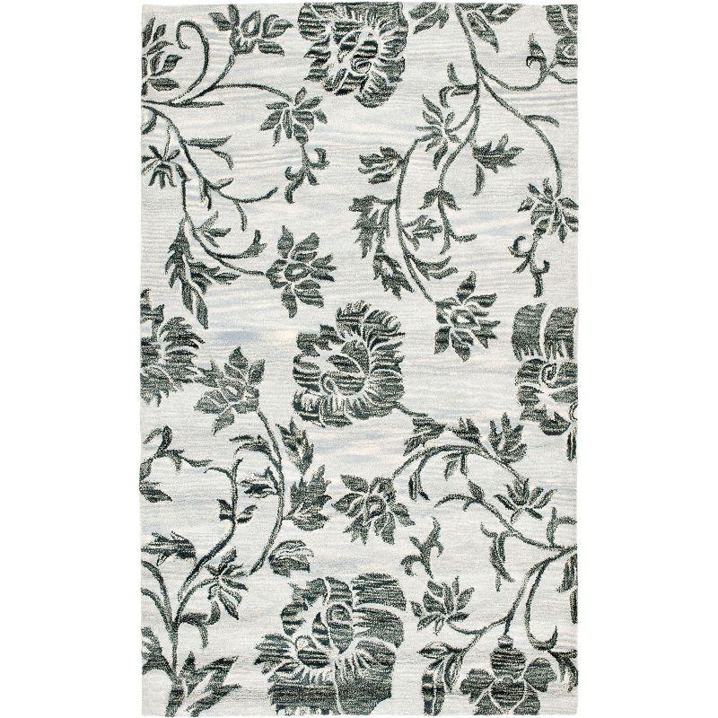 Grey and Black Hand Tufted Wool Floral Area Rug