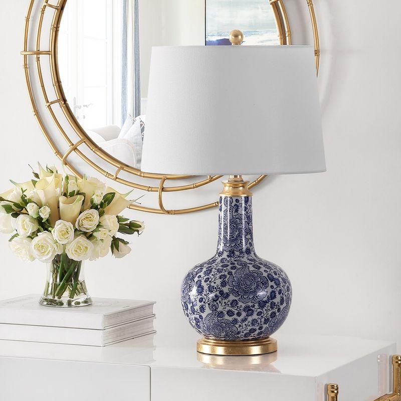 Leia Blue Floral Ceramic Table Lamp with Gold Base