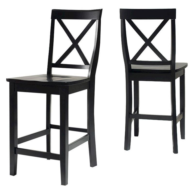 Black Wood Crossback Counter Stools with Tapered Legs, Set of 2