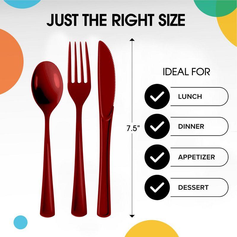 Exquisite Burgundy Plastic Utensil Cutlery Set Forks Spoons Knives- 150 Pack