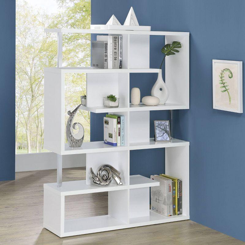 Modern White Zig Zag 5-Tier Bookcase with Chrome Accents