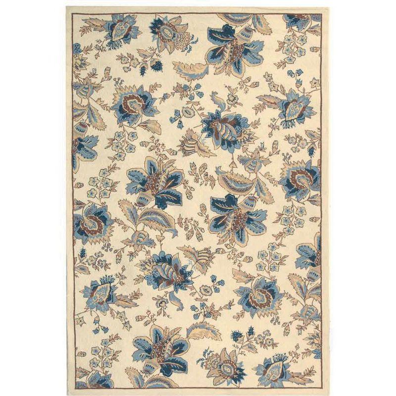 Ivory Floral Wool Hand-Hooked Rectangular Area Rug