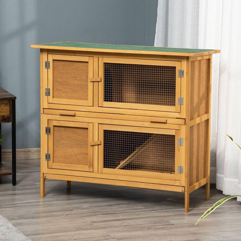 PawHut Wooden Bunny Hutch Rabbit Hutch Small Animals Habitat with Ramp, Removable Tray and Weatherproof Roof, Indoor/Outdoor, Yellow