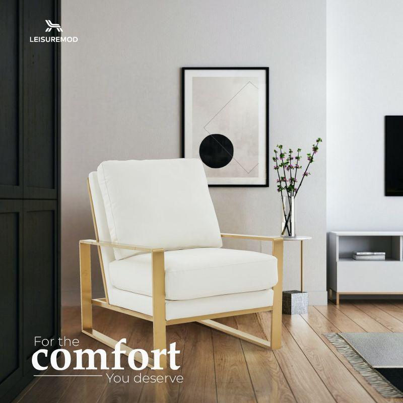 LeisureMod Jefferson Accent Arm Chair Upholstered in Faux Leather with Gold Stainless Steel Frame in White