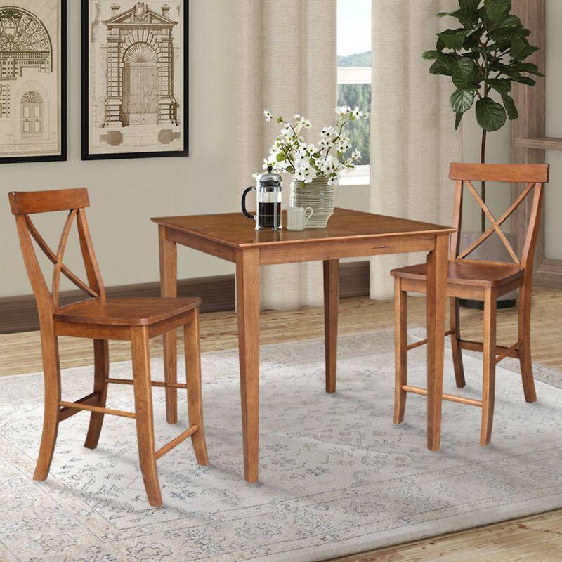 3pc 36"x36" Solid Wood Counter Height Dining Table Set with 2 X-Back Stools Distressed Oak - International Concepts: Hardwood, Rubberwood