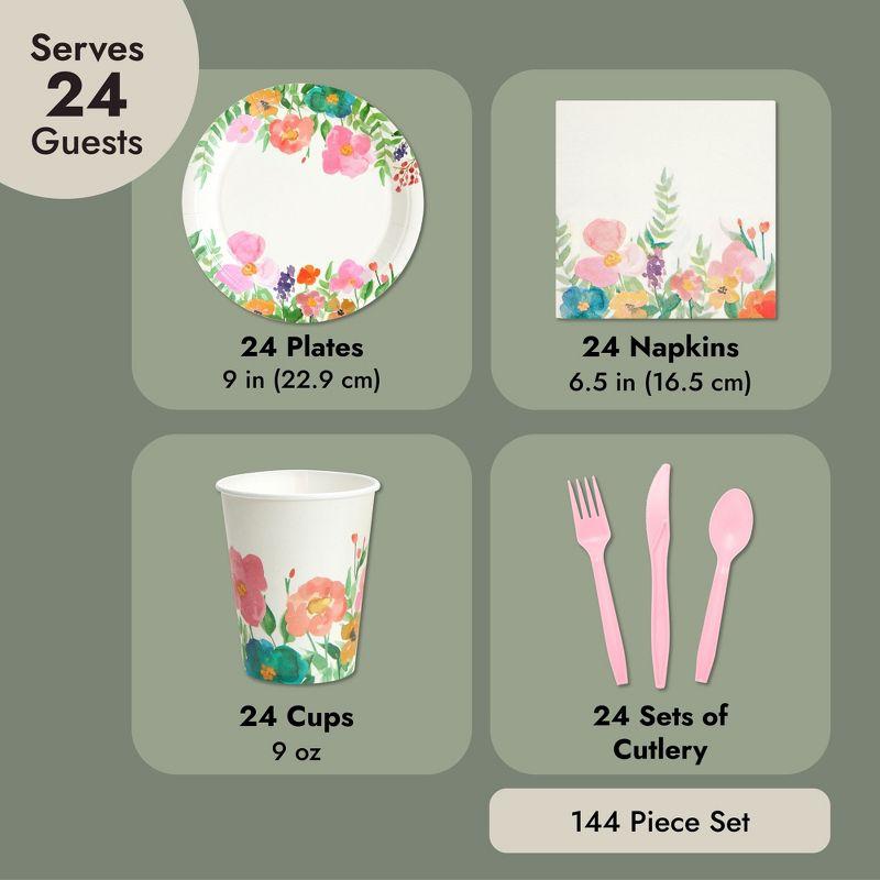 Juvale 144 Piece Watercolor Flower Tea Party Supplies, Includes Disposable Floral Paper Plates, Napkins, Cups, Cutlery