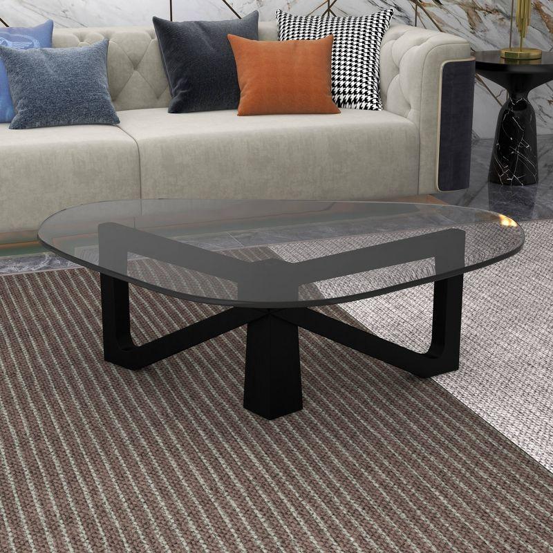 LeisureMod Imperial Collection Triangular Glass Top Coffee Table with Glossy Ash Wood Base for Home, Living Room, Office