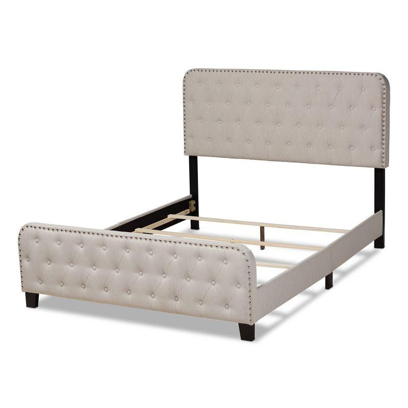 Beige Queen Upholstered Tufted Bed with Nailhead Trim