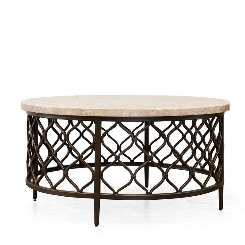 Roland Round White Stone Top Coffee Table with Bronze Metal Base