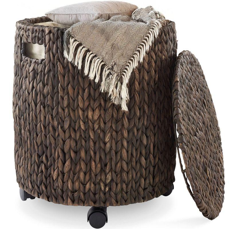 Casafield Rolling Storage Basket - Espresso, Handwoven Hyacinth Rolling Hamper with Lid, Storage Bin on Wheels for Living Room, Bathroom, Laundry