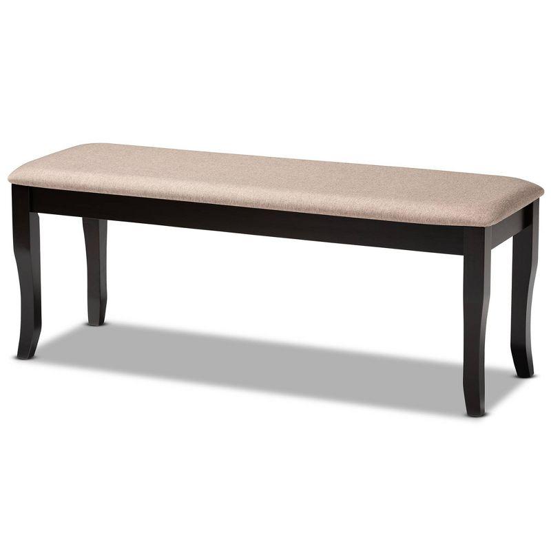 Sand Fabric Upholstered Dark Brown Wood Dining Bench