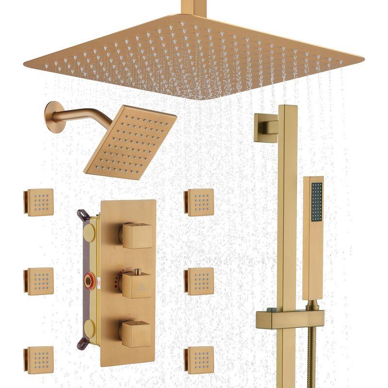 CASAINC Rainfall Symphony 16inch Dual Shower Head Rainfall Thermostatic Shower System with 16-inch Slide Bar and Body spray KCHS0019-16BG